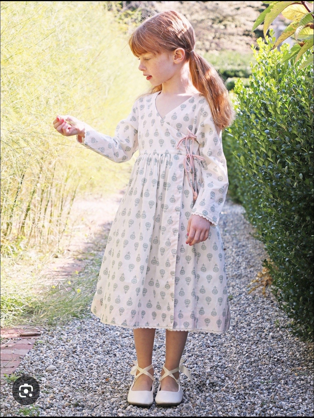 April Cornell Cream Wrap Dress with Light Pink Tie and Green Print